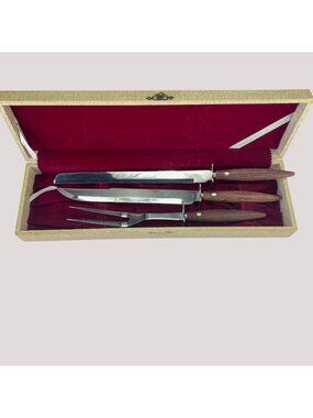 Vintage MCM Wood Handles Stainless Steel Carving Set 3 Pc Set with Box Japan